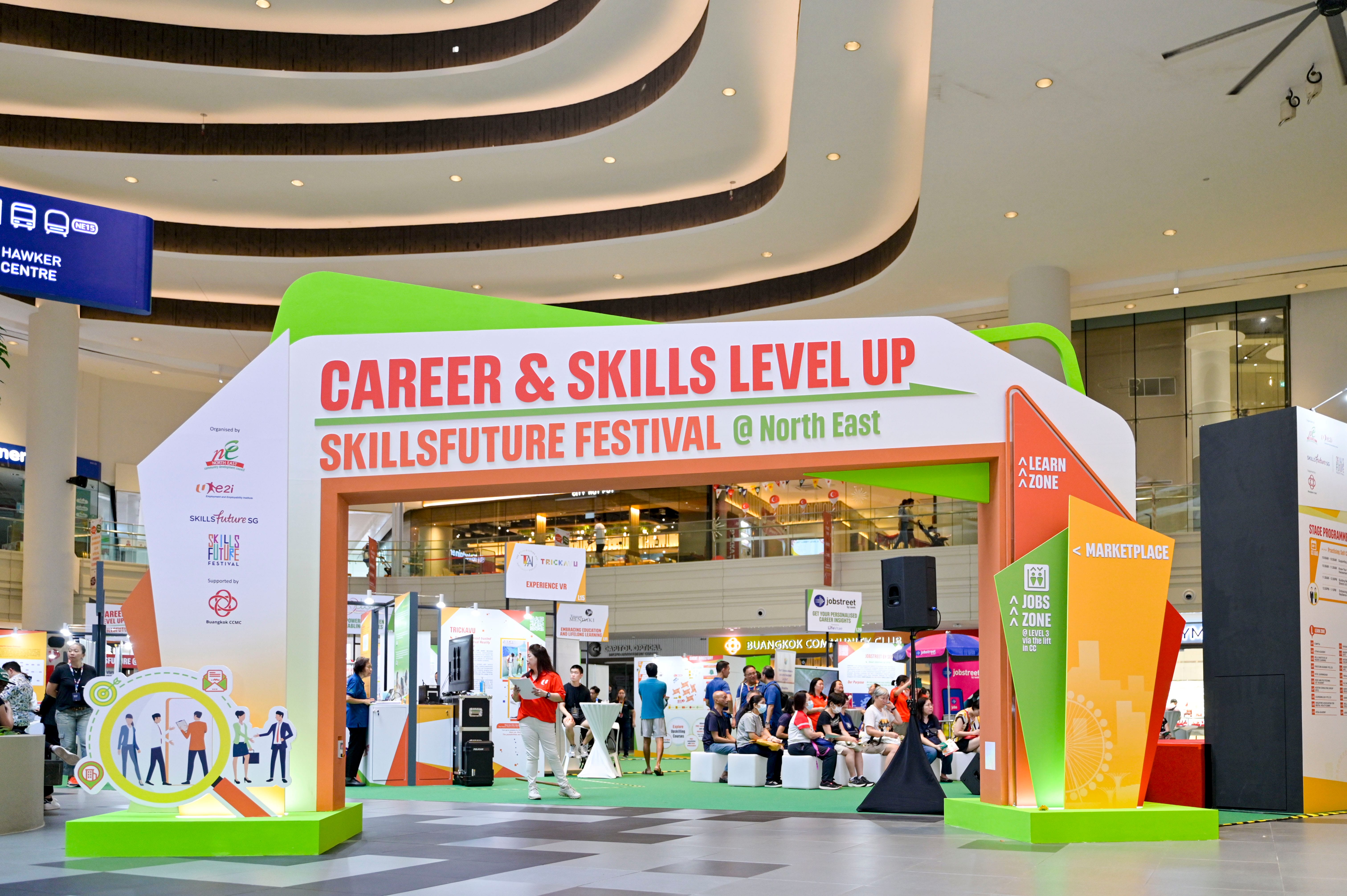 Event setup in a mall promoting career guidance, job opportunities, and skills upgrading.